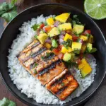 Grilled Lime Salmon with Avocado Mango Salsa and Coconut Rice