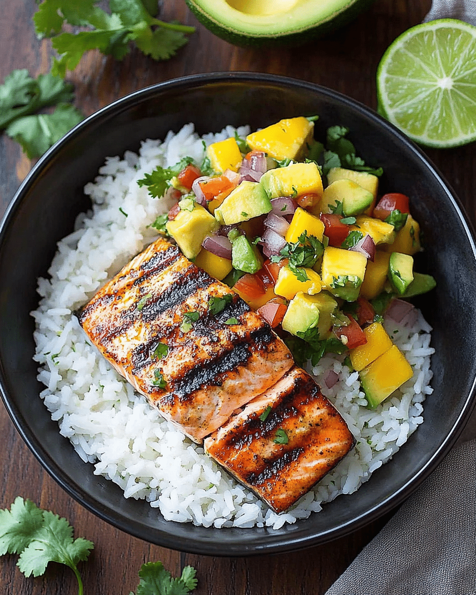 Grilled Lime Salmon with Avocado Mango Salsa and Coconut Rice