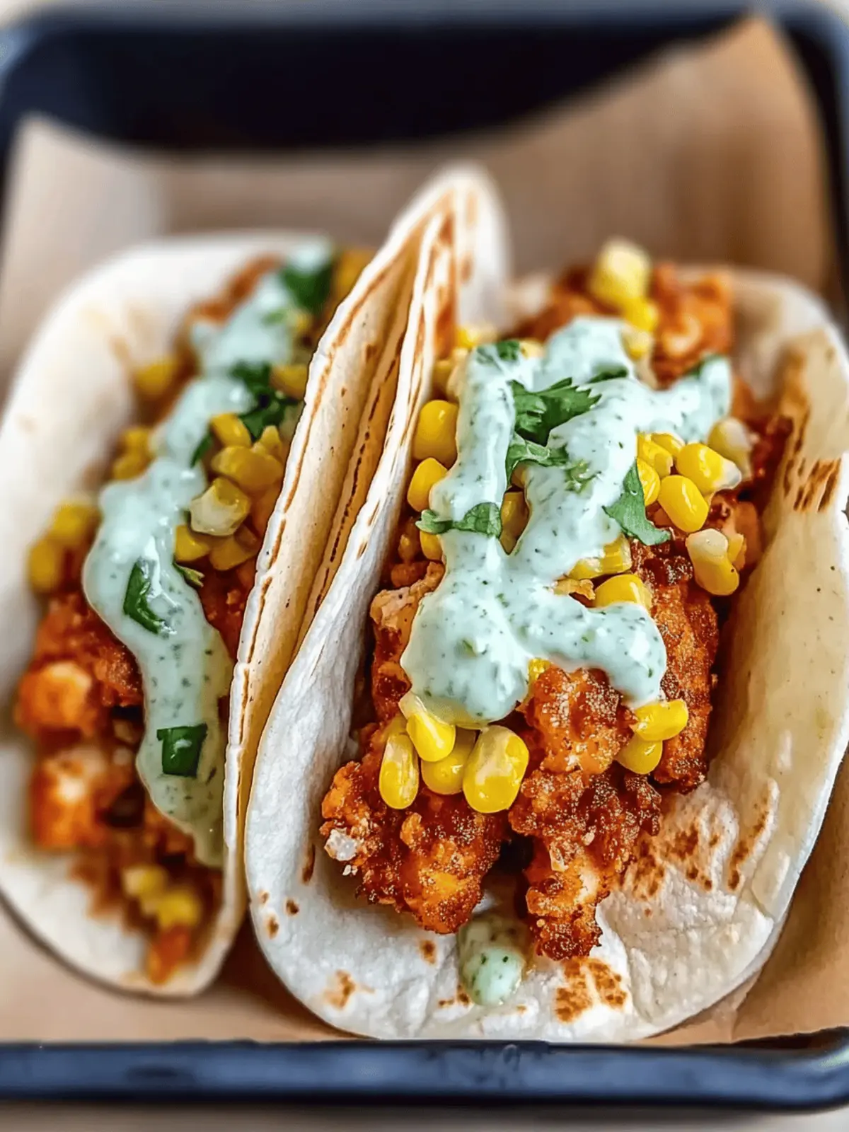 Fried Chicken Street Corn Tacos with Jalapeño Lime Ranch