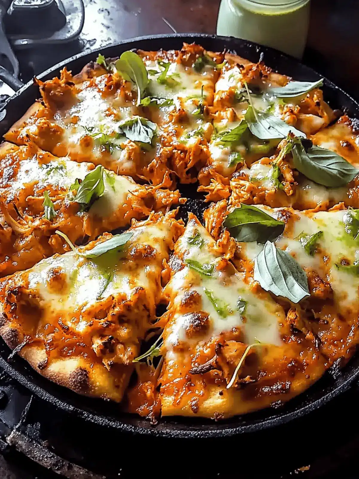 Skillet Crispy Cheese Buffalo Chicken Pizza