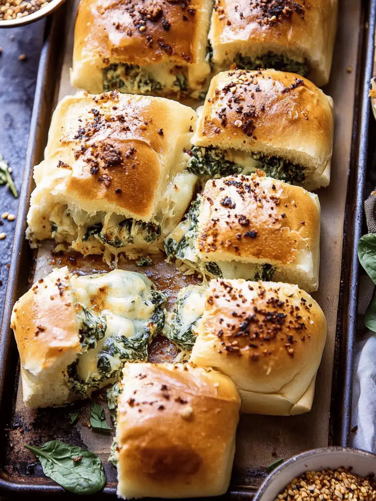 Pull Apart Garlic Butter Spinach and Artichoke Dip Sliders.