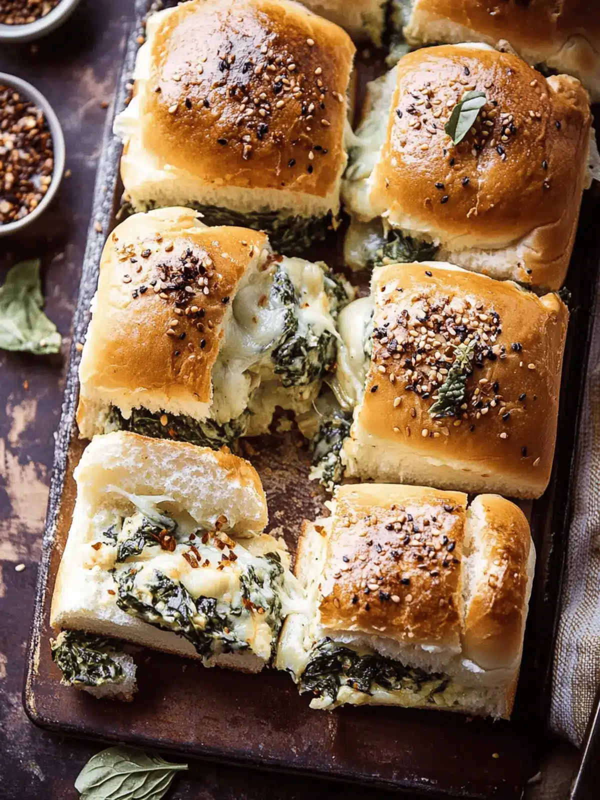 Pull Apart Garlic Butter Spinach and Artichoke Dip Sliders.