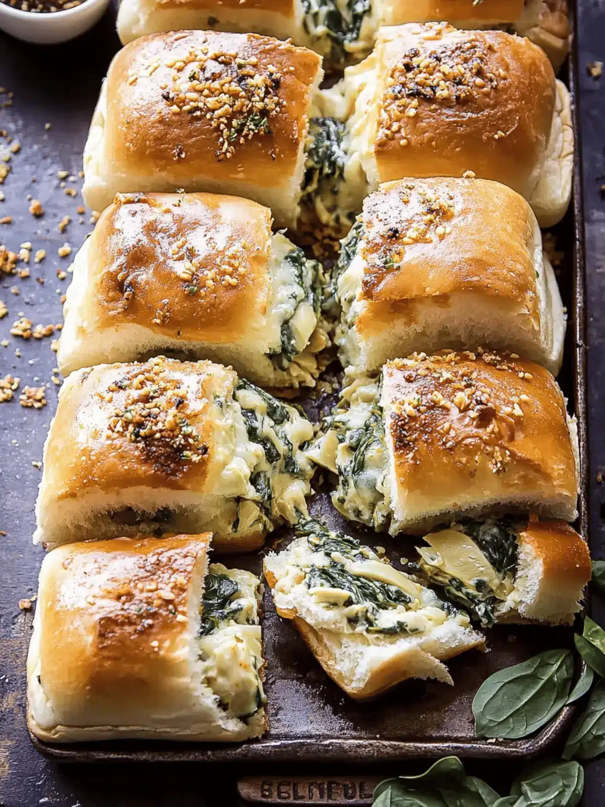 Pull Apart Garlic Butter Spinach and Artichoke Dip Sliders.