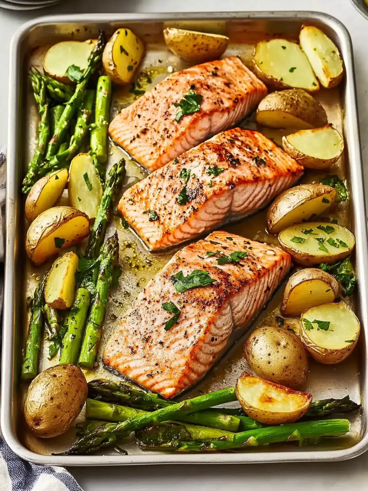 Garlic Butter–Roasted Salmon with Potatoes & Asparagus Bliss 3 Garlic Butter–Roasted Salmon with Potatoes & Asparagus