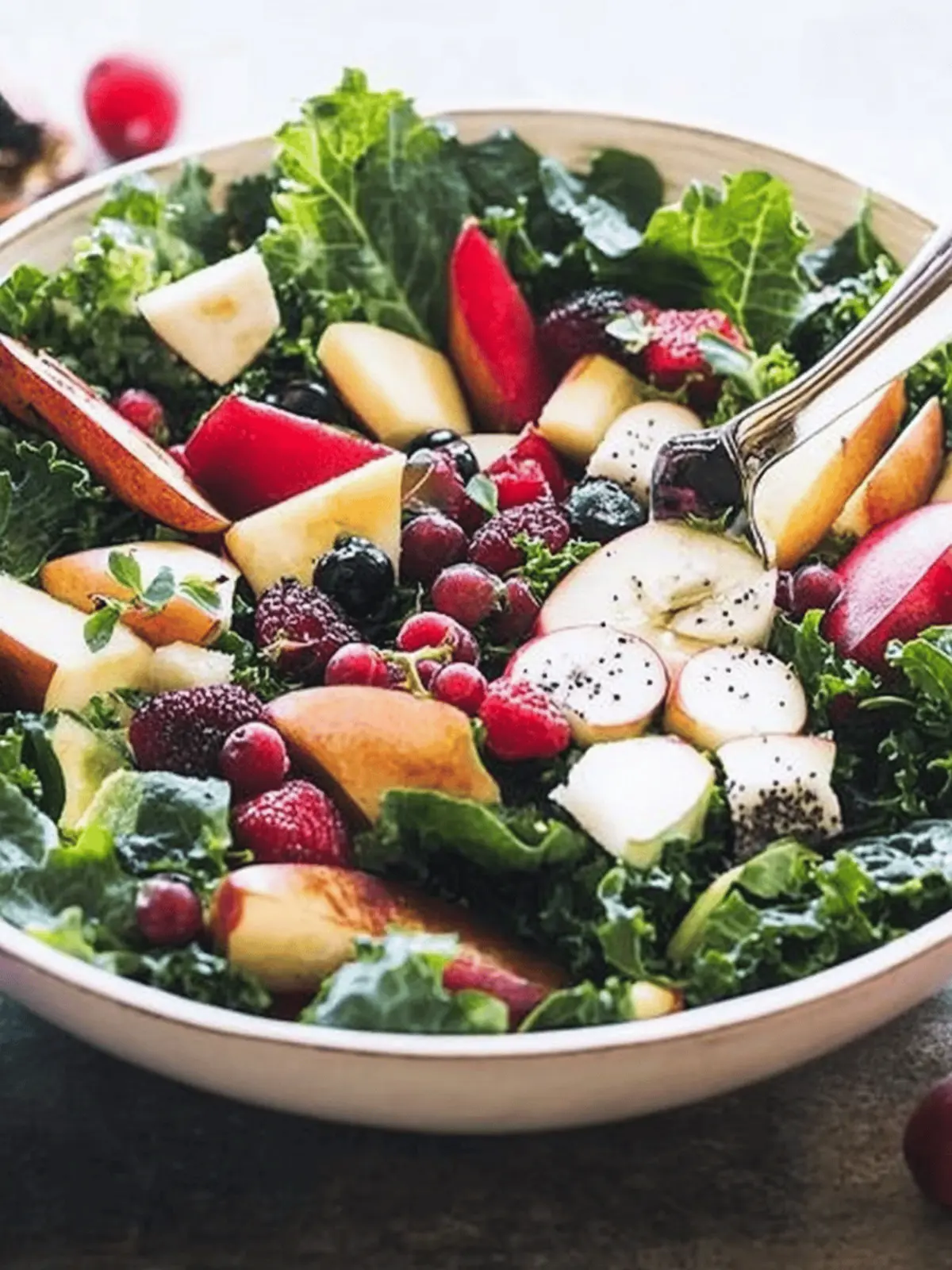 Kale and Fall Fruit Salad with Cider Poppy Seed Dressing