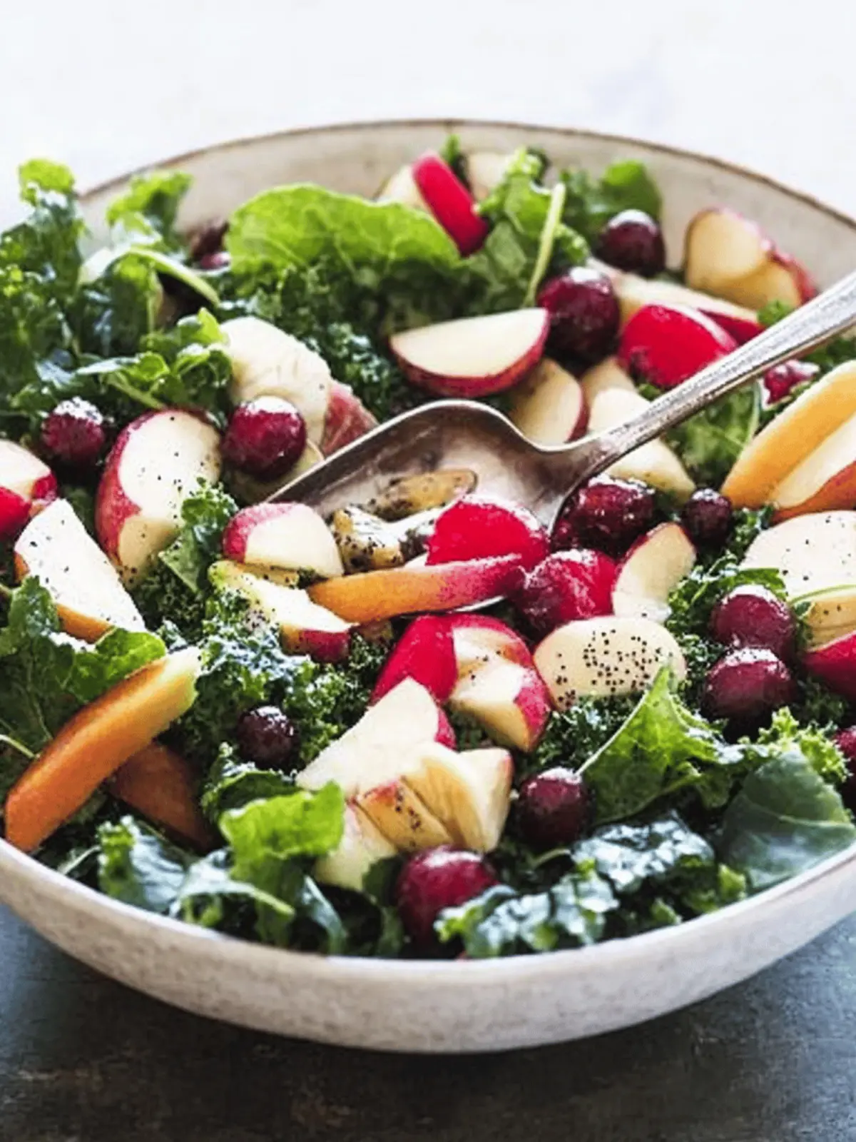 Kale and Fall Fruit Salad with Cider Poppy Seed Dressing