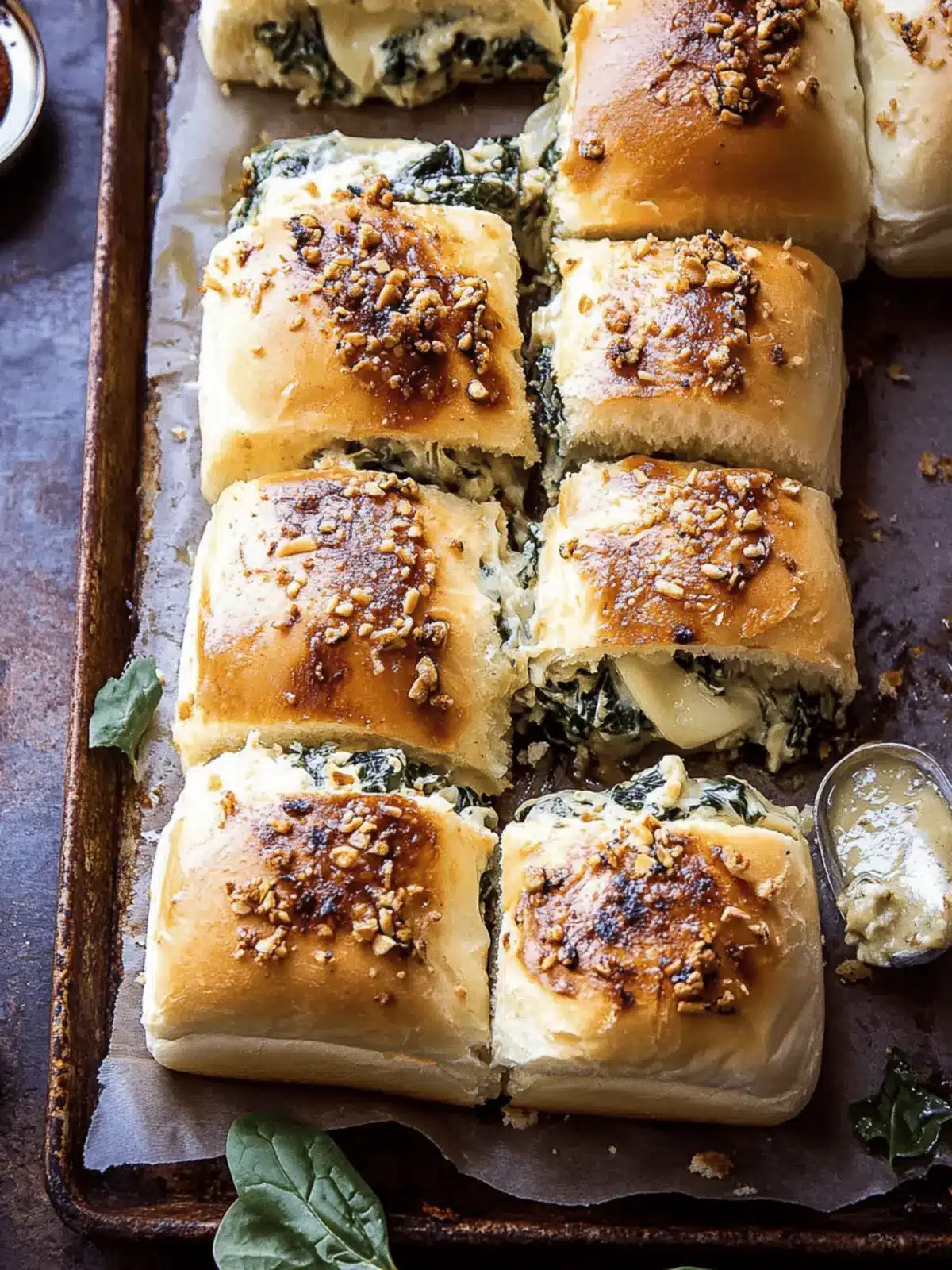 Pull Apart Garlic Butter Spinach and Artichoke Dip Sliders.