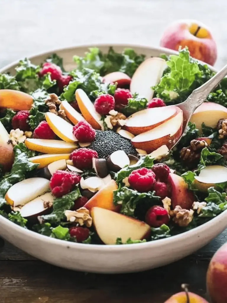 Kale and Fall Fruit Salad with Cider Poppy Seed Dressing