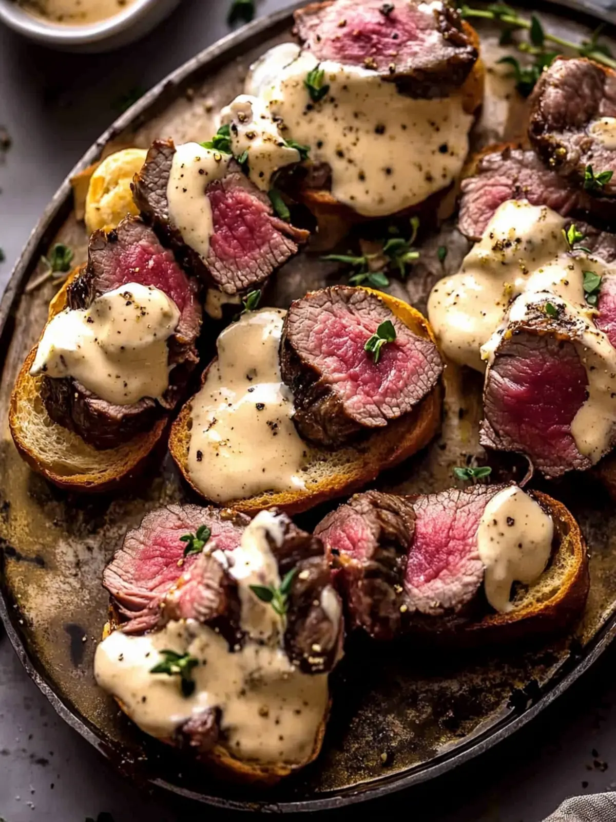 Indulge in Beef Tenderloin Crostini with Parmesan Wine Cream Sauce 2 Beef Tenderloin Crostini with Parmesan Wine Cream Sauce.