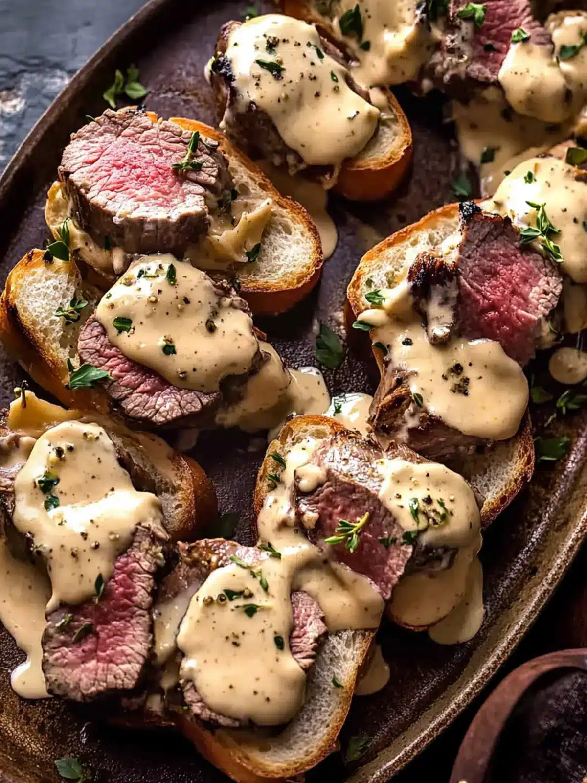 Indulge in Beef Tenderloin Crostini with Parmesan Wine Cream Sauce 4 Beef Tenderloin Crostini with Parmesan Wine Cream Sauce.