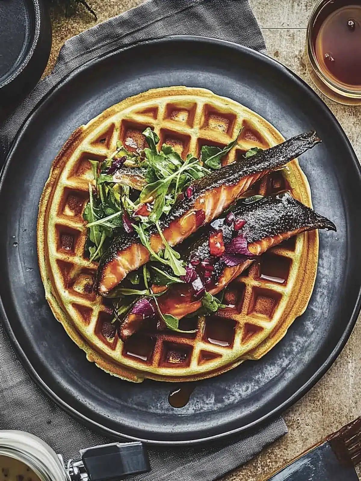 Savory Collard Waffles with Brined Trout and Maple Hot Sauce Bliss 4 Collard Waffles With Brined Trout And Maple Hot Sauce