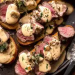 Indulge in Beef Tenderloin Crostini with Parmesan Wine Cream Sauce 8 Beef Tenderloin Crostini with Parmesan Wine Cream Sauce.