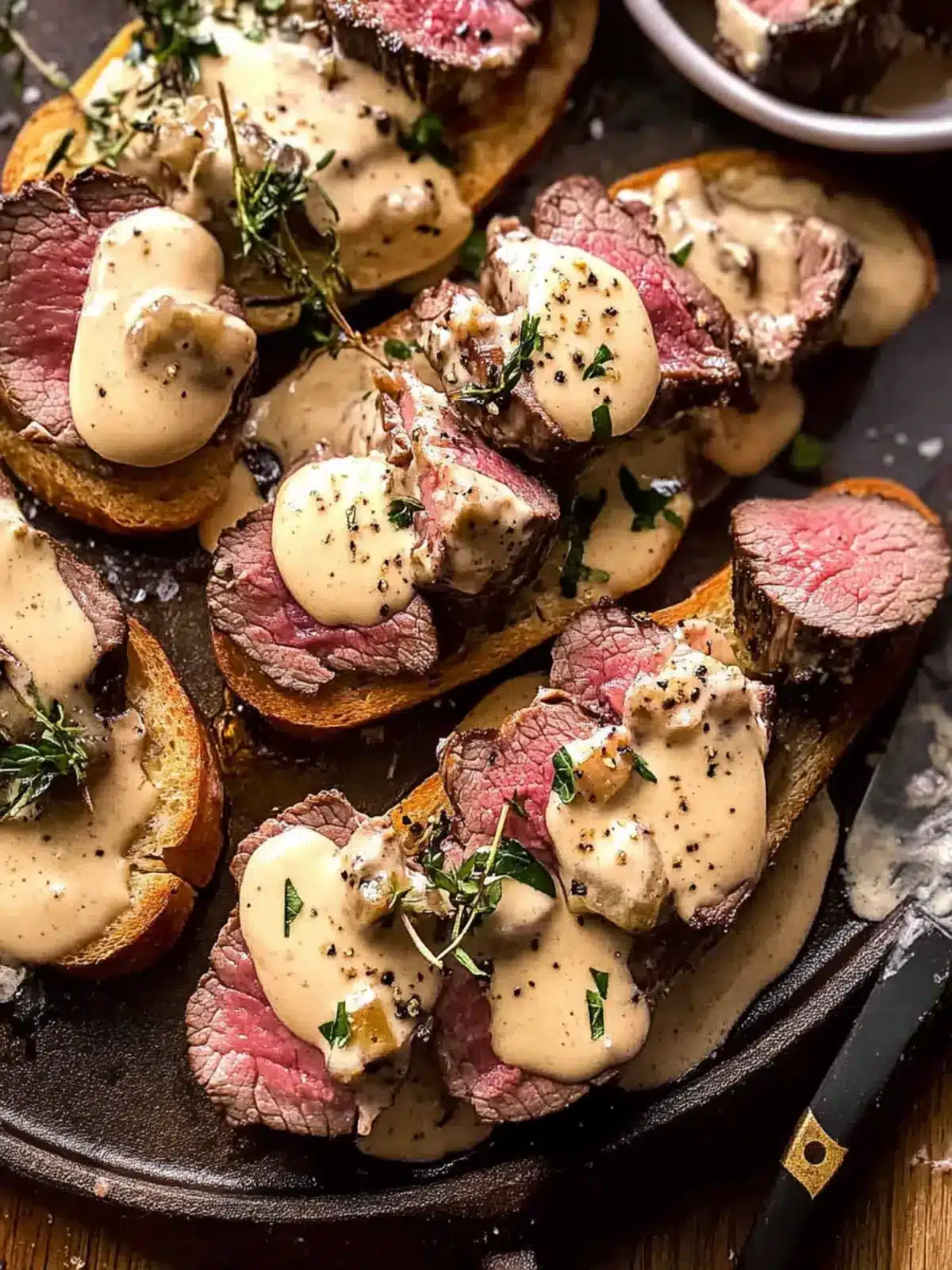 Indulge in Beef Tenderloin Crostini with Parmesan Wine Cream Sauce 5 Beef Tenderloin Crostini with Parmesan Wine Cream Sauce.