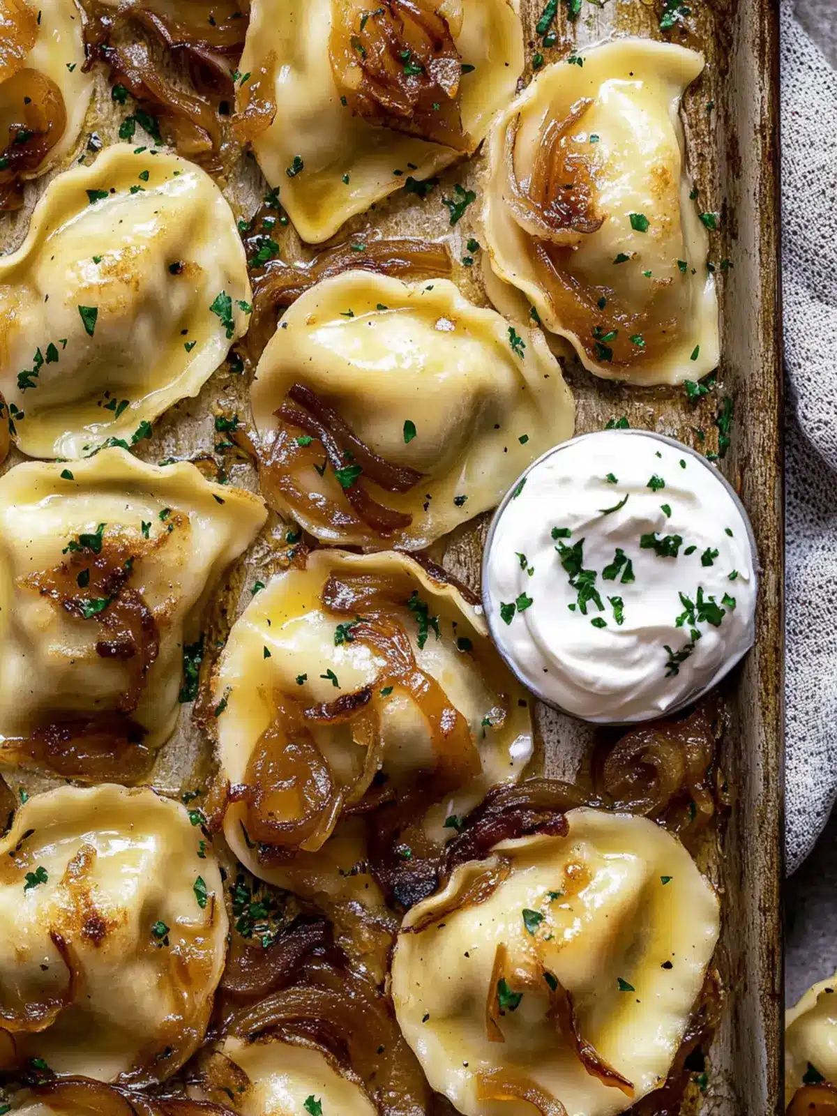 Satisfy Your Cravings with Sheet Pan Pierogies and Caramelized Onions 2 Sheet Pan Pierogies with Caramelized Onions and Chipotle Sour Cream