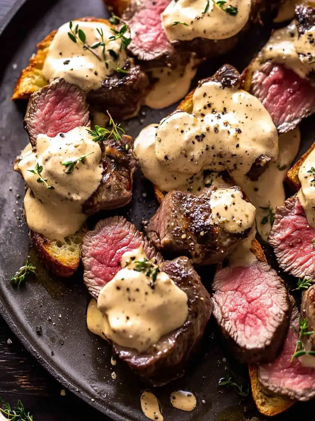 Indulge in Beef Tenderloin Crostini with Parmesan Wine Cream Sauce 3 Beef Tenderloin Crostini with Parmesan Wine Cream Sauce.