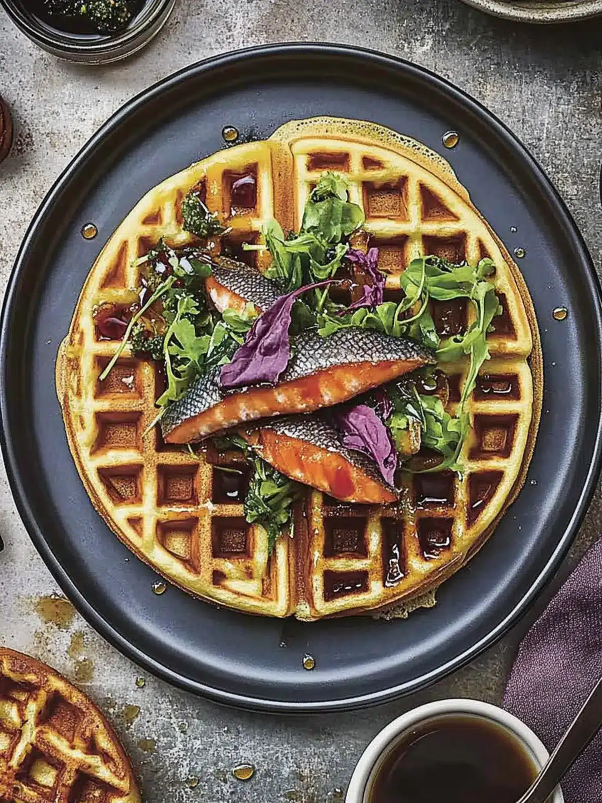 Savory Collard Waffles with Brined Trout and Maple Hot Sauce Bliss 3 Collard Waffles With Brined Trout And Maple Hot Sauce