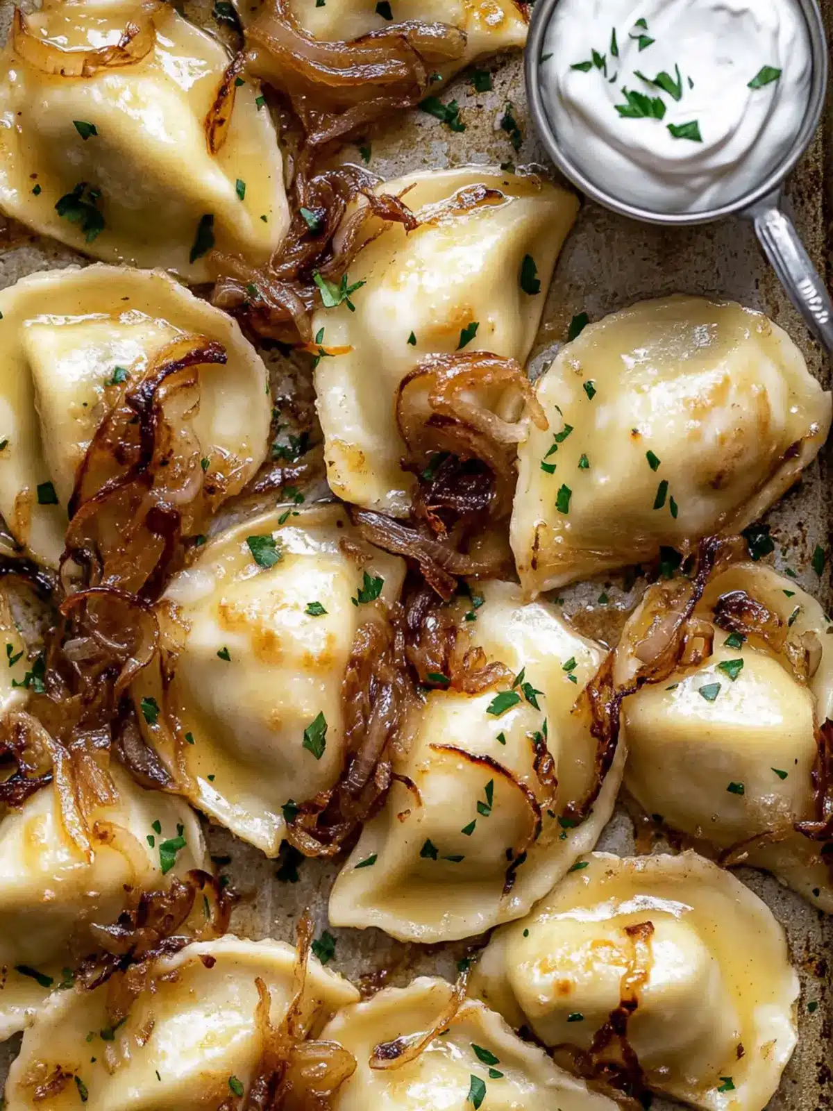 Satisfy Your Cravings with Sheet Pan Pierogies and Caramelized Onions 5 Sheet Pan Pierogies with Caramelized Onions and Chipotle Sour Cream
