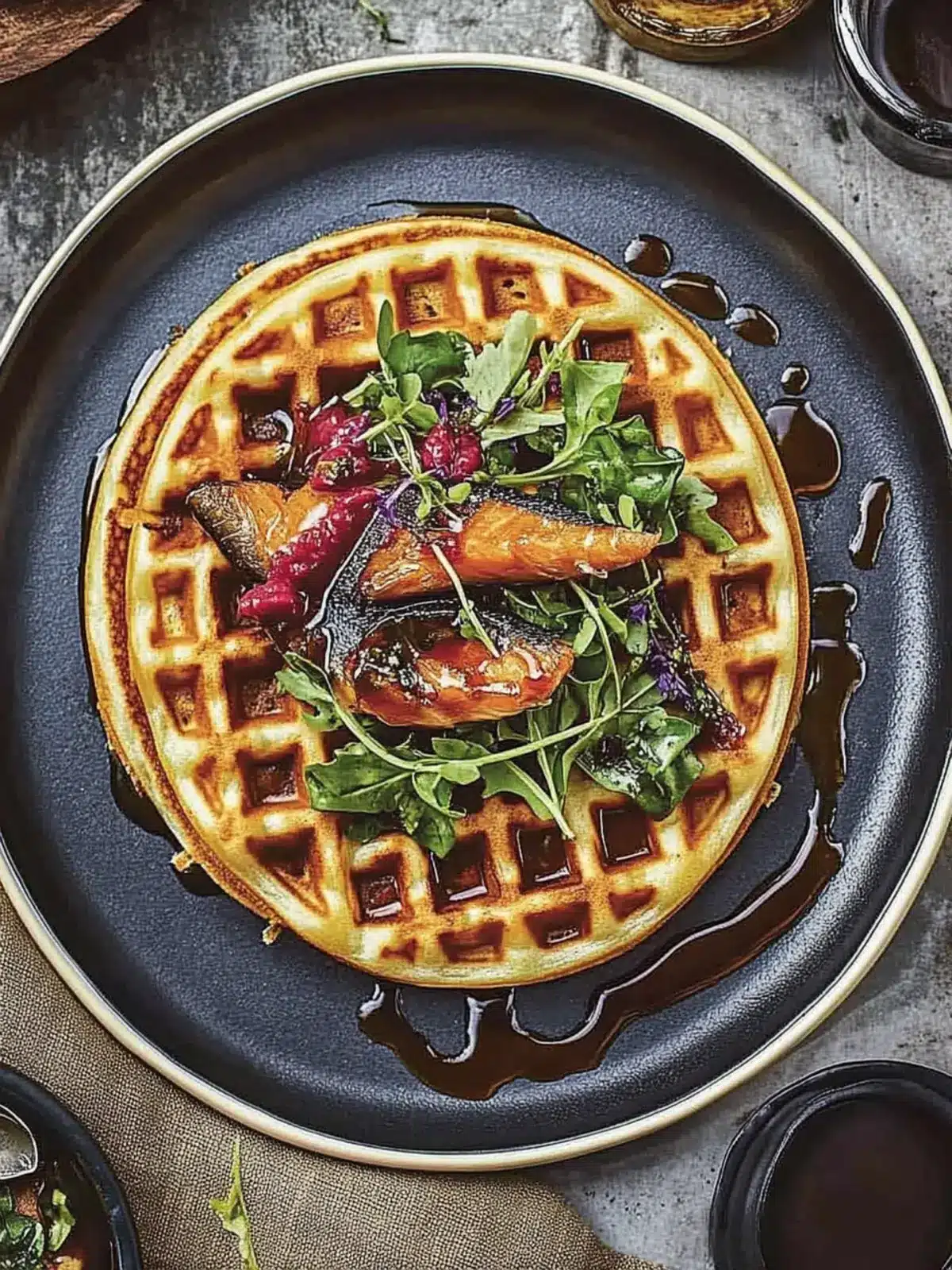 Savory Collard Waffles with Brined Trout and Maple Hot Sauce Bliss 2 Collard Waffles With Brined Trout And Maple Hot Sauce