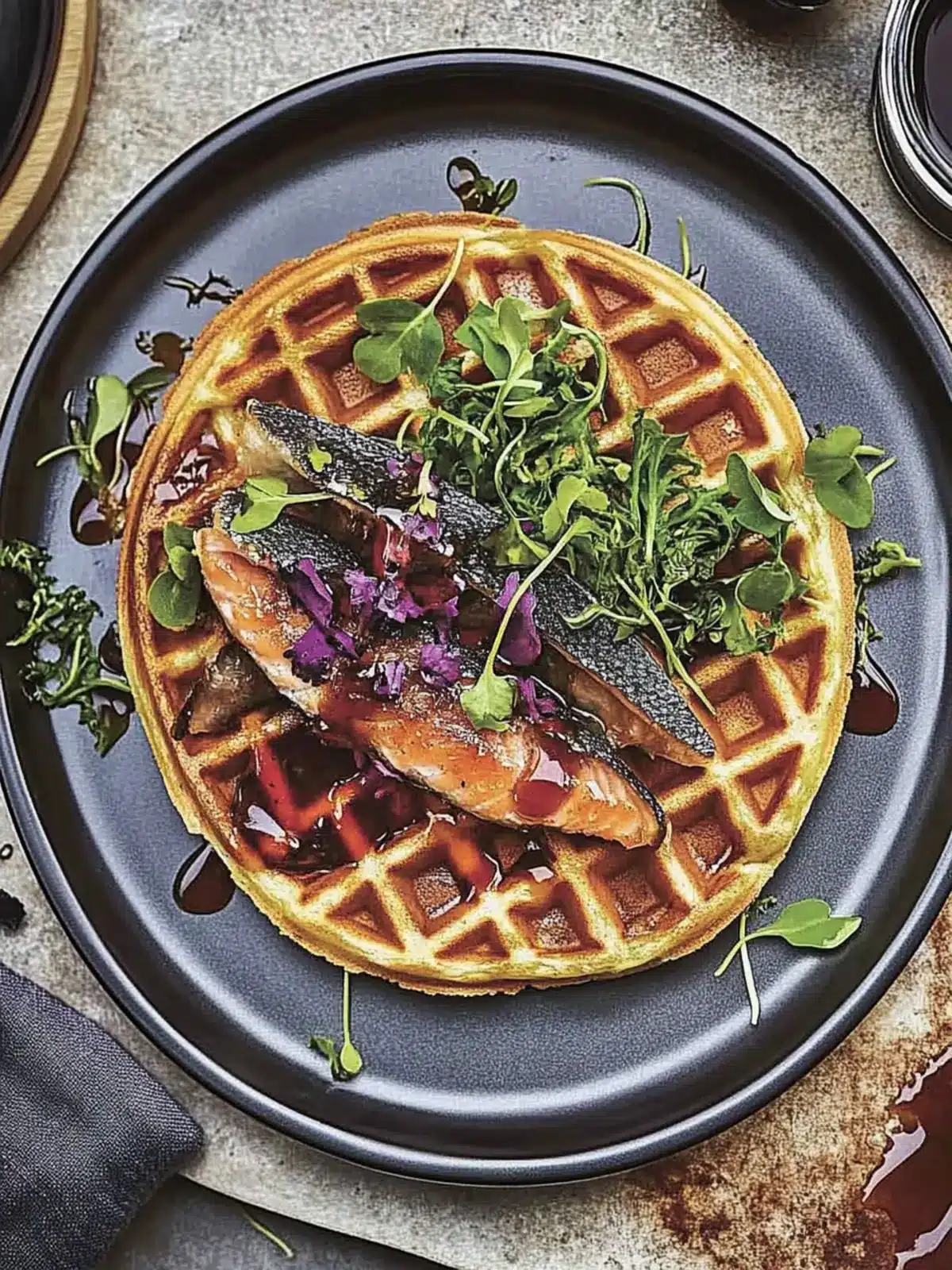 Savory Collard Waffles with Brined Trout and Maple Hot Sauce Bliss 5 Collard Waffles With Brined Trout And Maple Hot Sauce