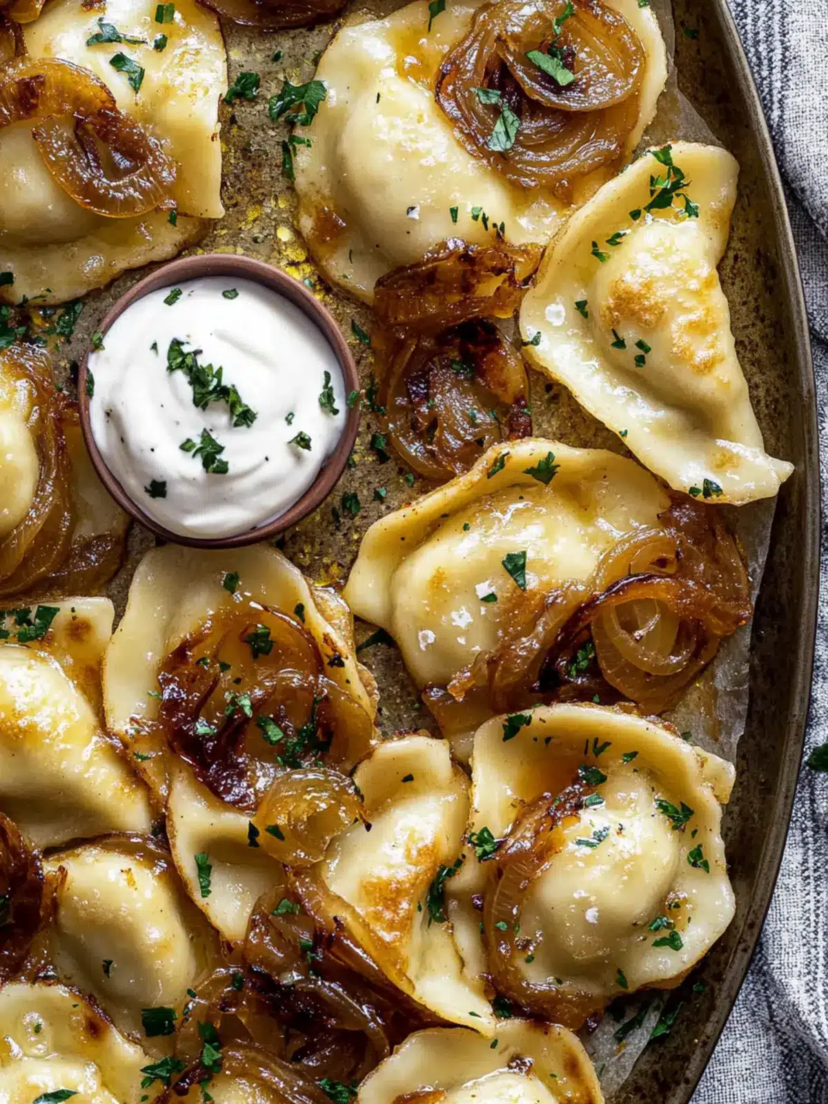 Satisfy Your Cravings with Sheet Pan Pierogies and Caramelized Onions 3 Sheet Pan Pierogies with Caramelized Onions and Chipotle Sour Cream