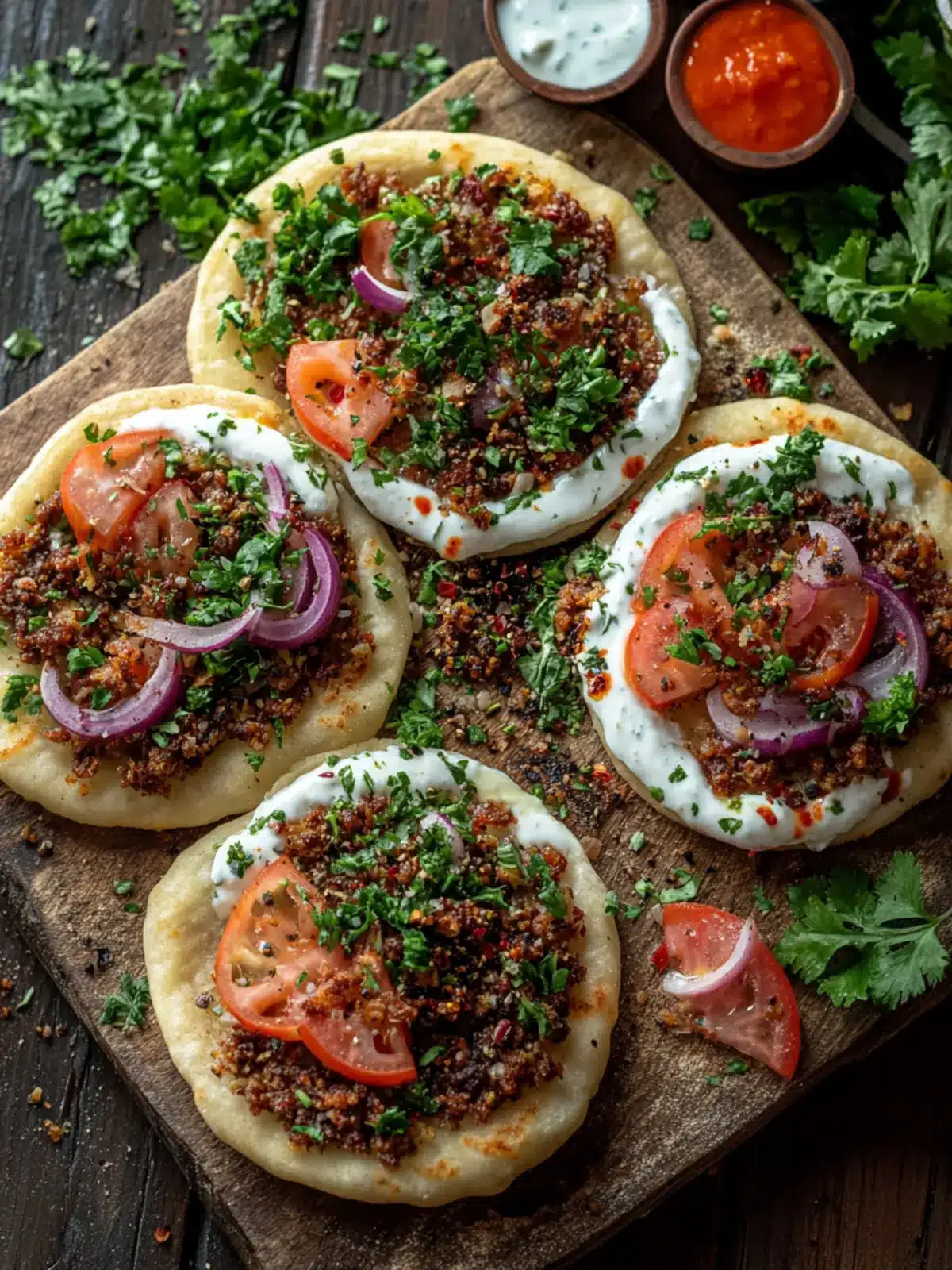 Delicious Mini Lahmacun with Yogurt Sauce & Fresh Veggies 4 Mini Lahmacun with Yogurt Sauce & Fresh Vegetables