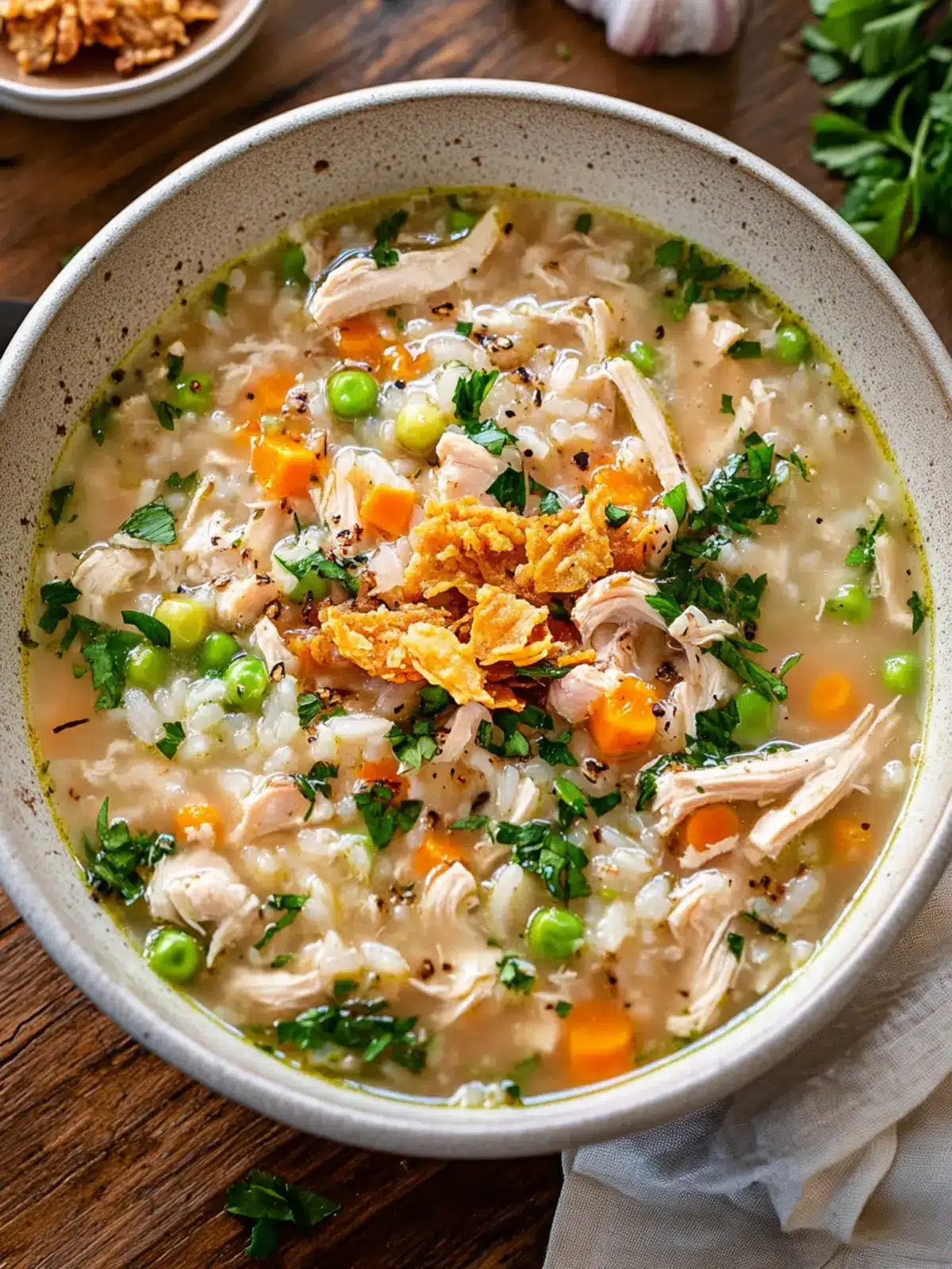 Cozy Chicken and Rice Soup with Crispy Garlic Butter Bliss 3 Chicken and Rice Soup with Crispy Garlic Butter