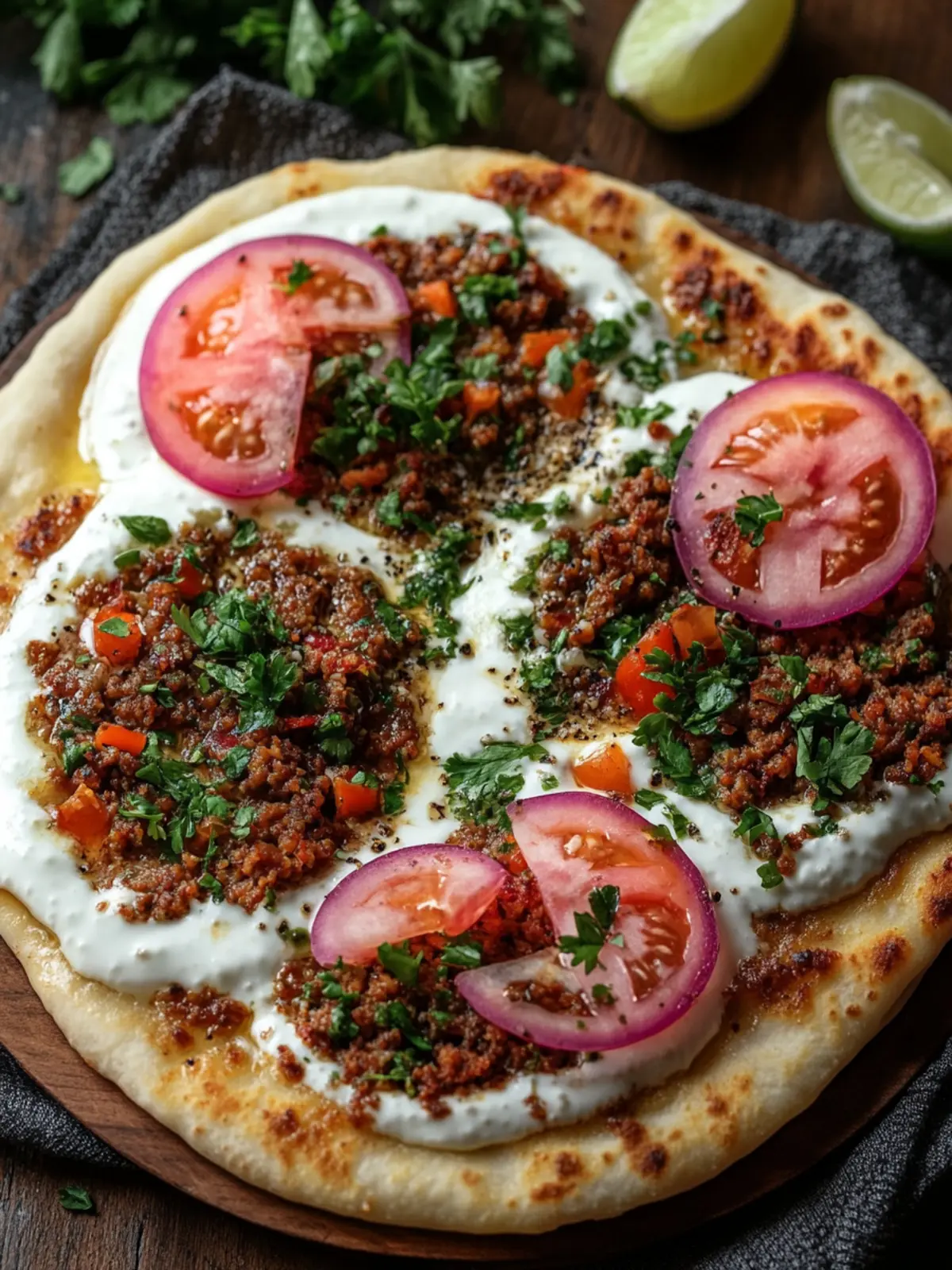 Delicious Mini Lahmacun with Yogurt Sauce & Fresh Veggies 5 Mini Lahmacun with Yogurt Sauce & Fresh Vegetables