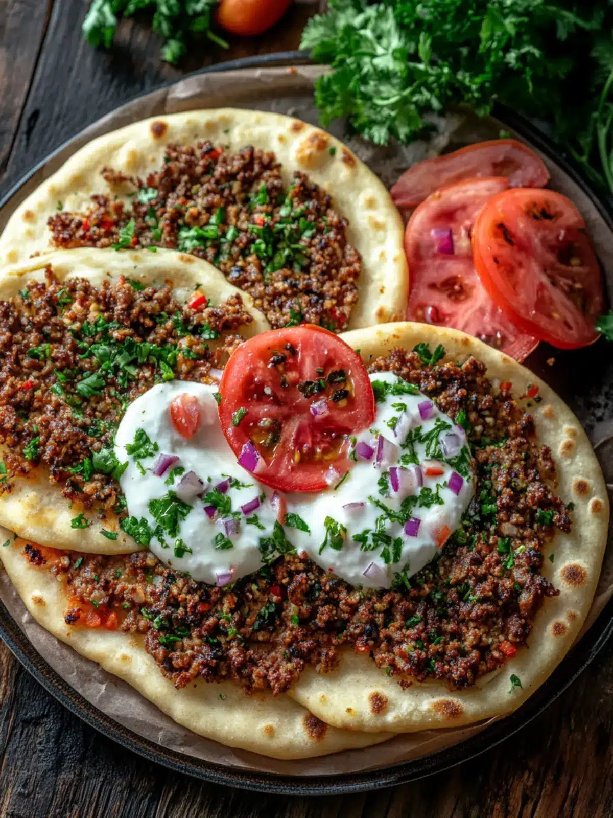 Delicious Mini Lahmacun with Yogurt Sauce & Fresh Veggies 3 Mini Lahmacun with Yogurt Sauce & Fresh Vegetables