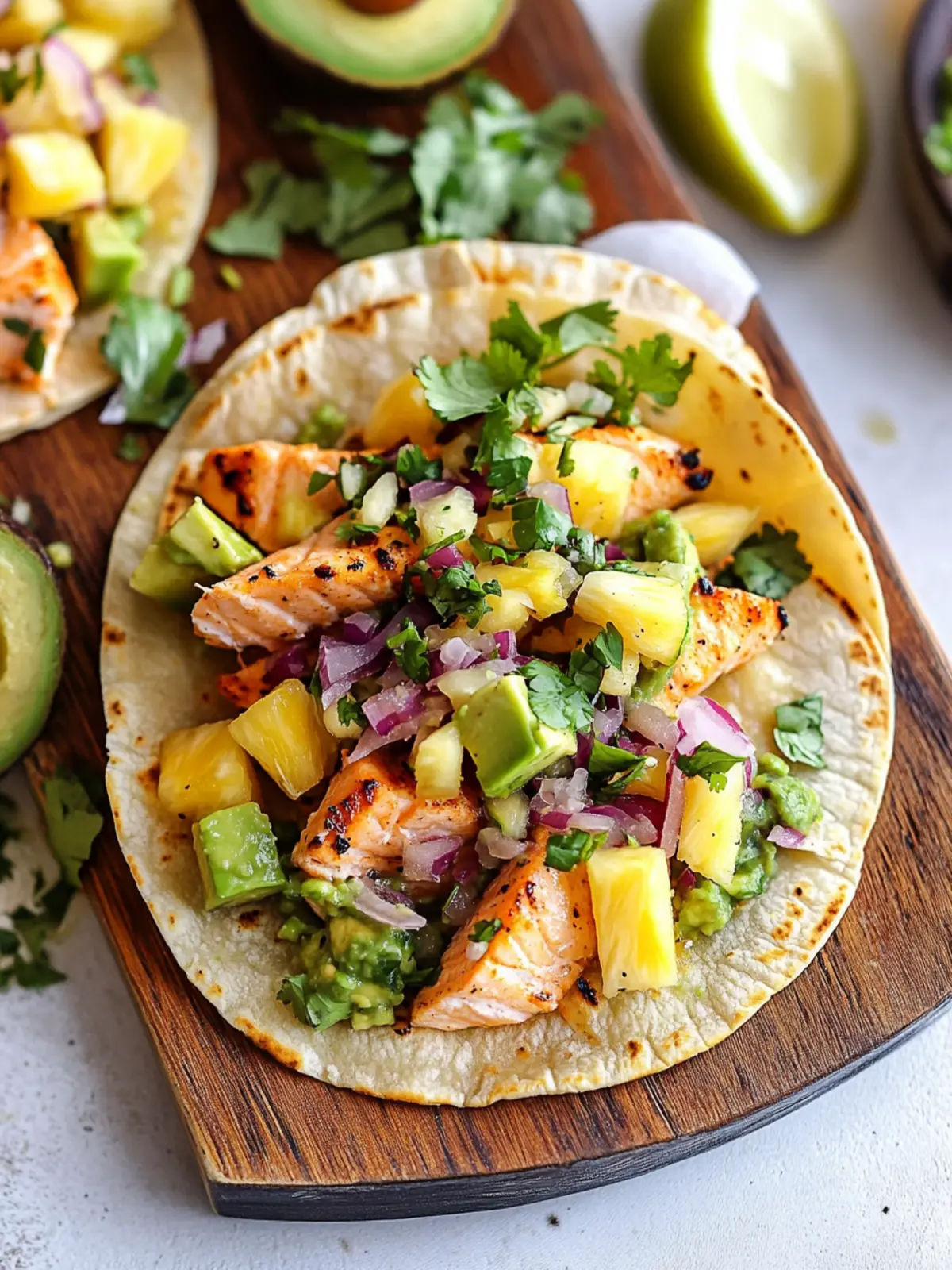 Savory Salmon Tacos with Fresh Pineapple Avocado Salsa 2 Salmon Tacos & Pineapple Avocado Salsa