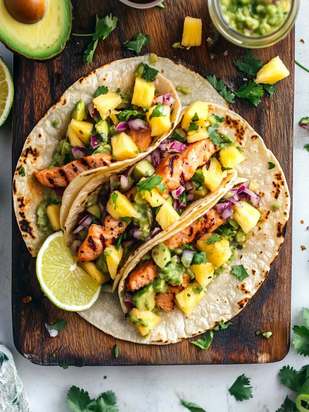 Savory Salmon Tacos with Fresh Pineapple Avocado Salsa 3 Salmon Tacos & Pineapple Avocado Salsa
