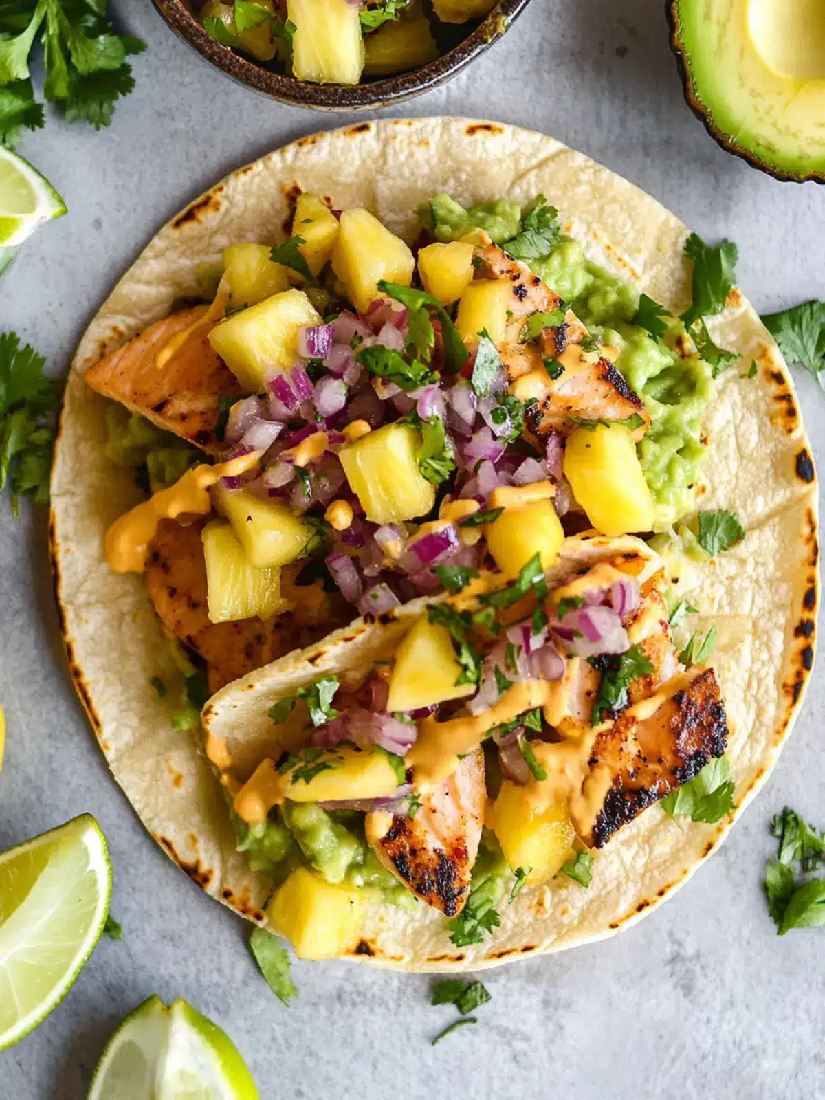Savory Salmon Tacos with Fresh Pineapple Avocado Salsa 5 Salmon Tacos & Pineapple Avocado Salsa