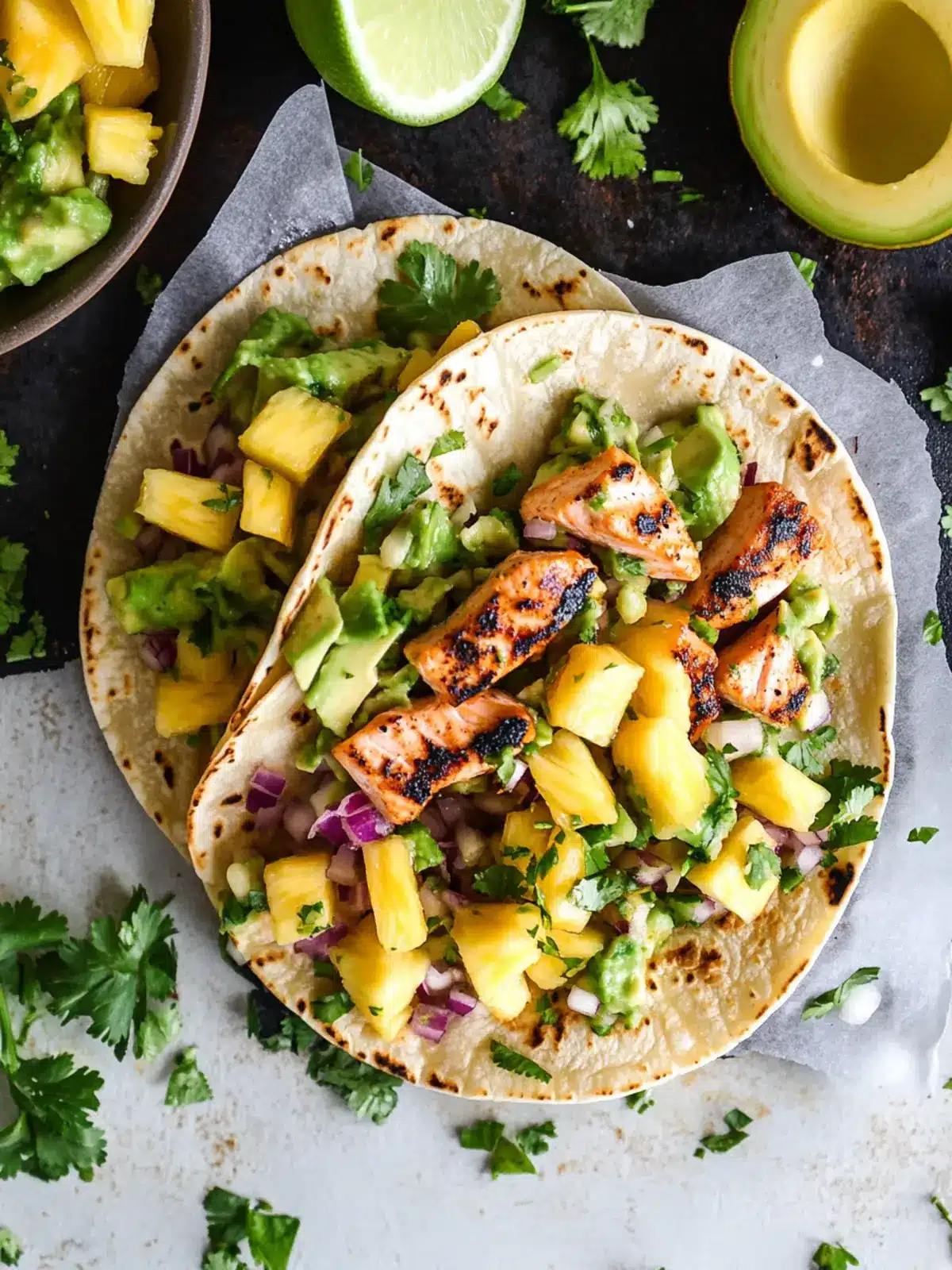 Savory Salmon Tacos with Fresh Pineapple Avocado Salsa 4 Salmon Tacos & Pineapple Avocado Salsa