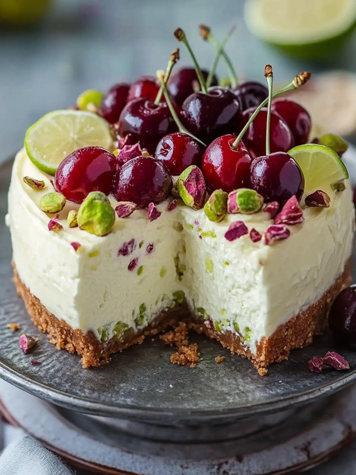 Irresistible Lemon-Lime Cherry Pistachio Cheesecake Delight 3 Lemon-Lime Cherry Pistachio Cheesecake