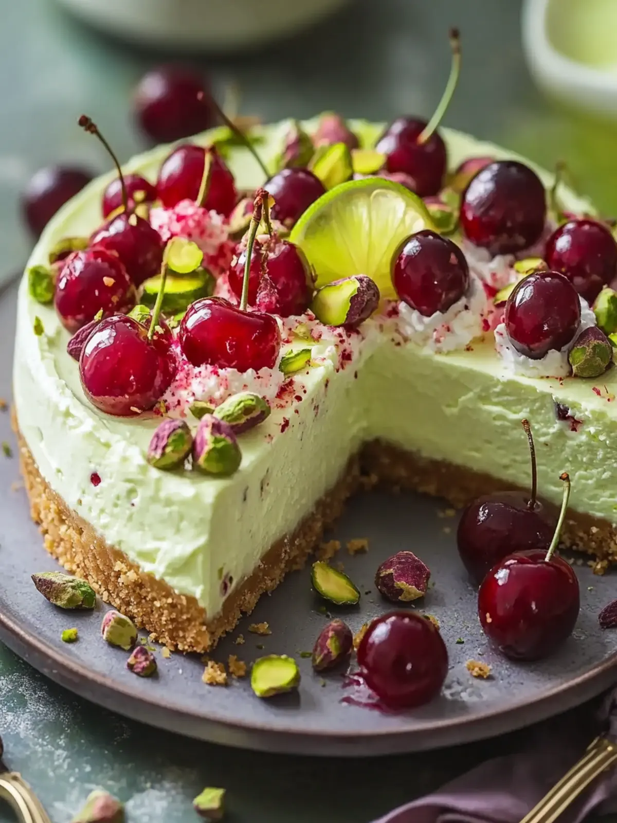 Irresistible Lemon-Lime Cherry Pistachio Cheesecake Delight 5 Lemon-Lime Cherry Pistachio Cheesecake